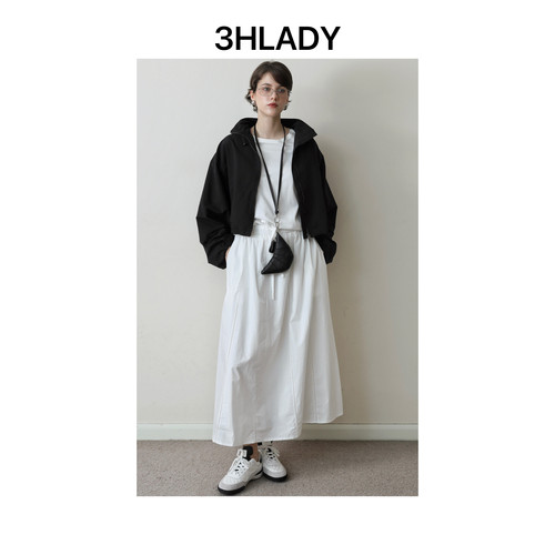3HLADY 复古浪漫含电脑机绣客供PIMA棉 松紧腰系带白色蓬蓬半身裙