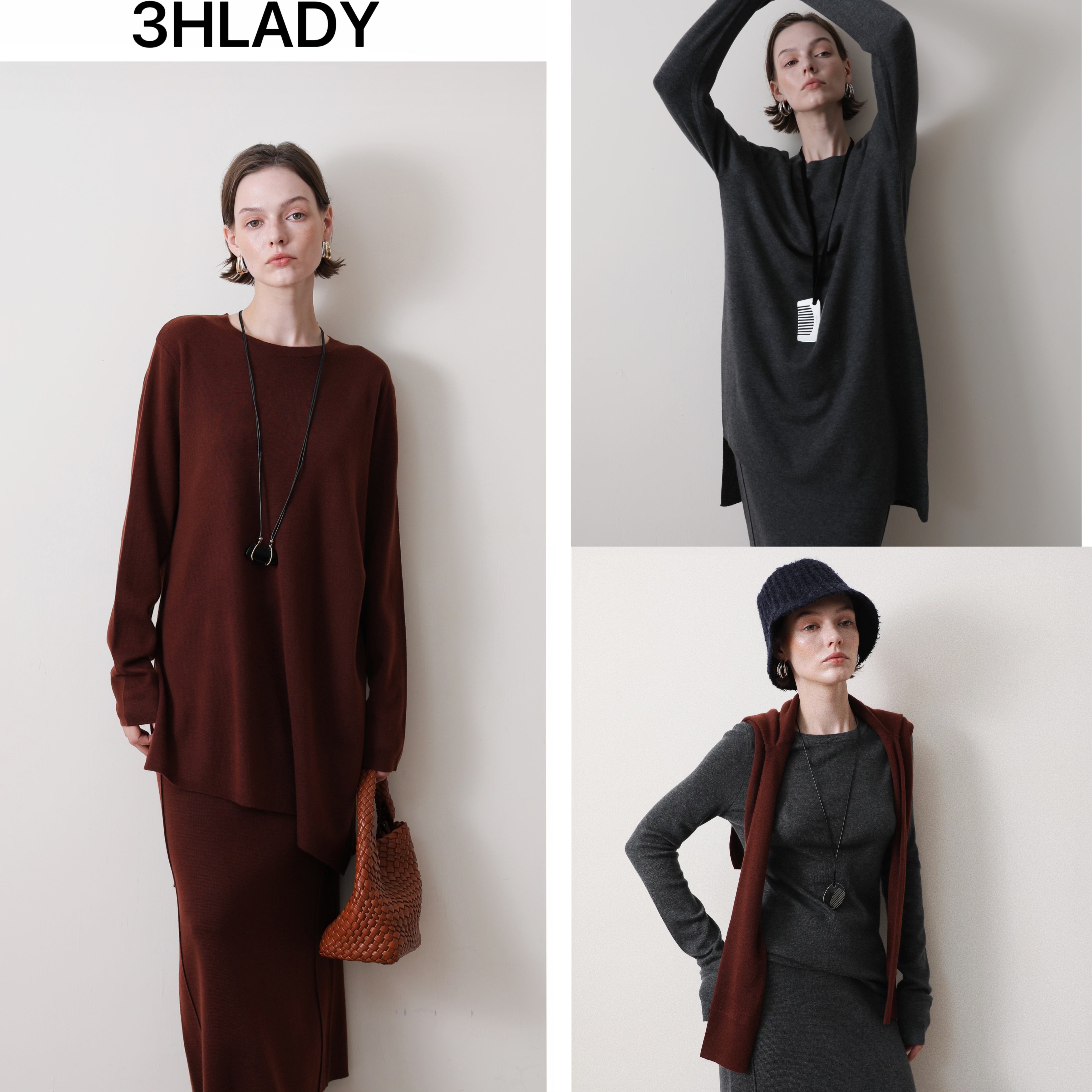 3HLADY 澳洲绵羊毛 不规则长款针织衫|圆领打底衫|针织半裙套装