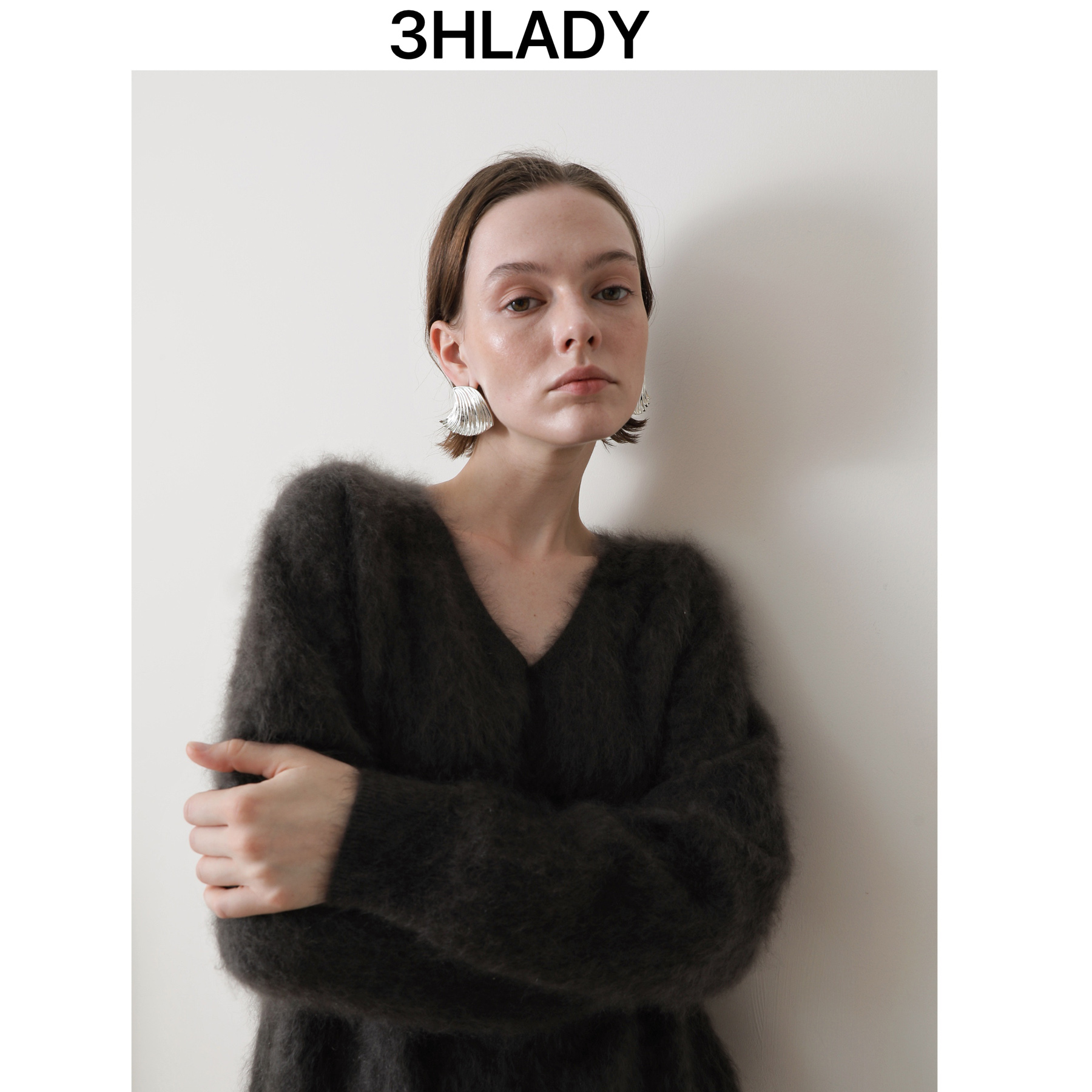 3HLADY| 时髦复古色系 V领柔软拉绒皮草效果小宽松山羊绒套头衫