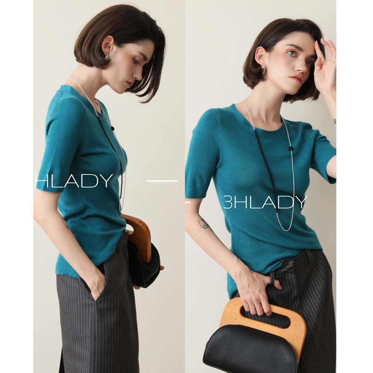 3HLADY 老钱高智 刺绣细节 极细美丽诺羊毛7分袖 圆领针织衫