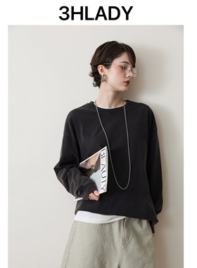 3HLADY 时髦休闲BOXYFIT 水洗棉落肩袖OS风格圆领长袖中长卫衣