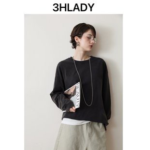3HLADY 时髦休闲BOXYFIT 水洗棉落肩袖OS风格圆领长袖中长卫衣
