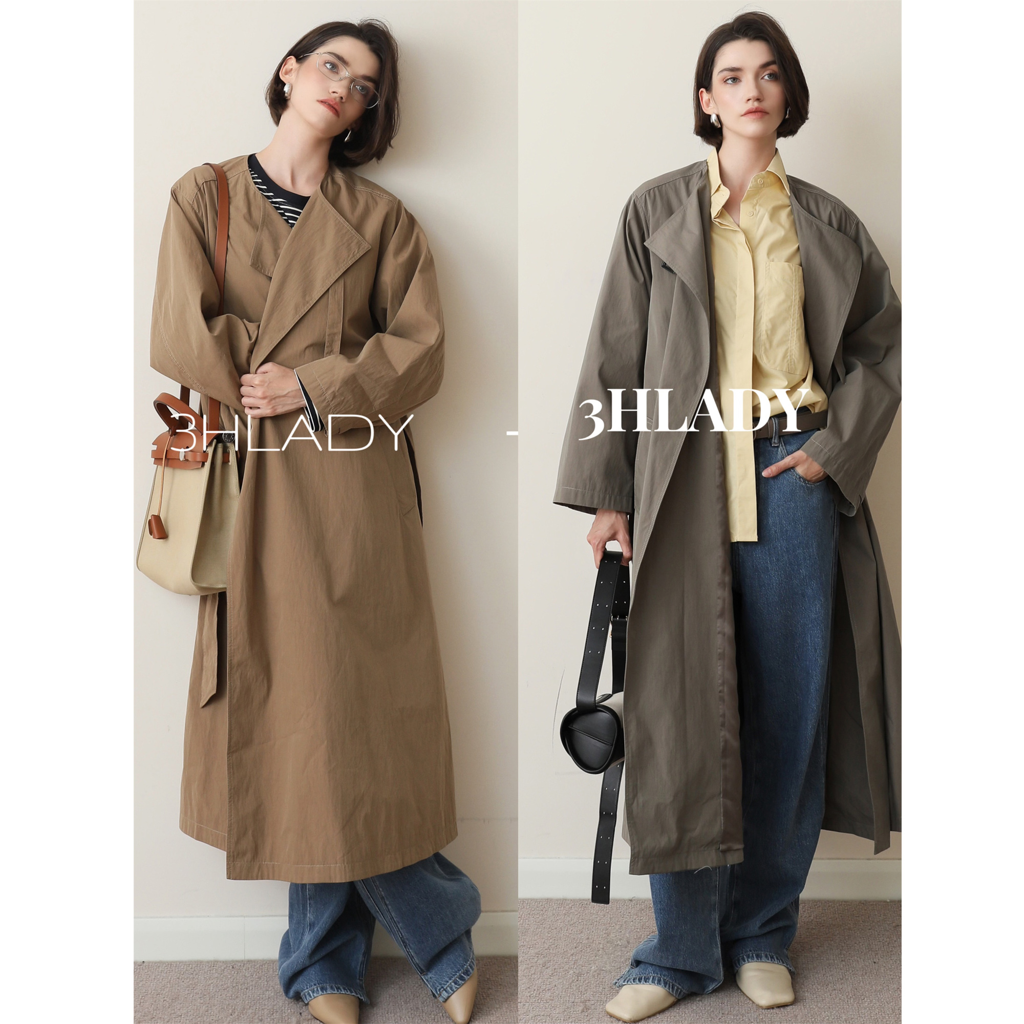 3HLADY 拿捏松弛感 客供水洗皱感肌理 无领长款风衣