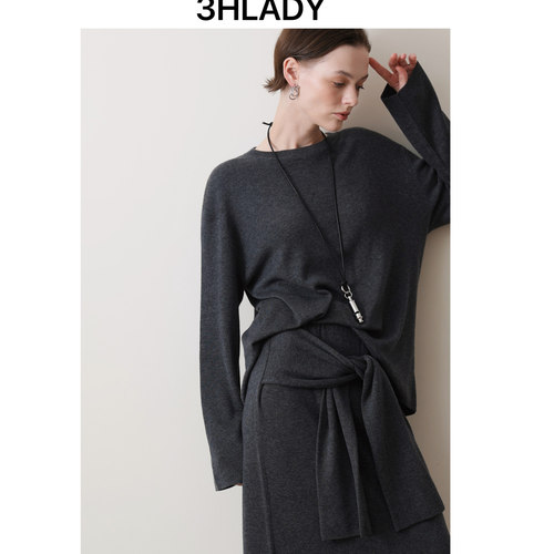 3HLADY 设计师风格 灰色圆领套头上衣| 装饰绑带效果半身裙