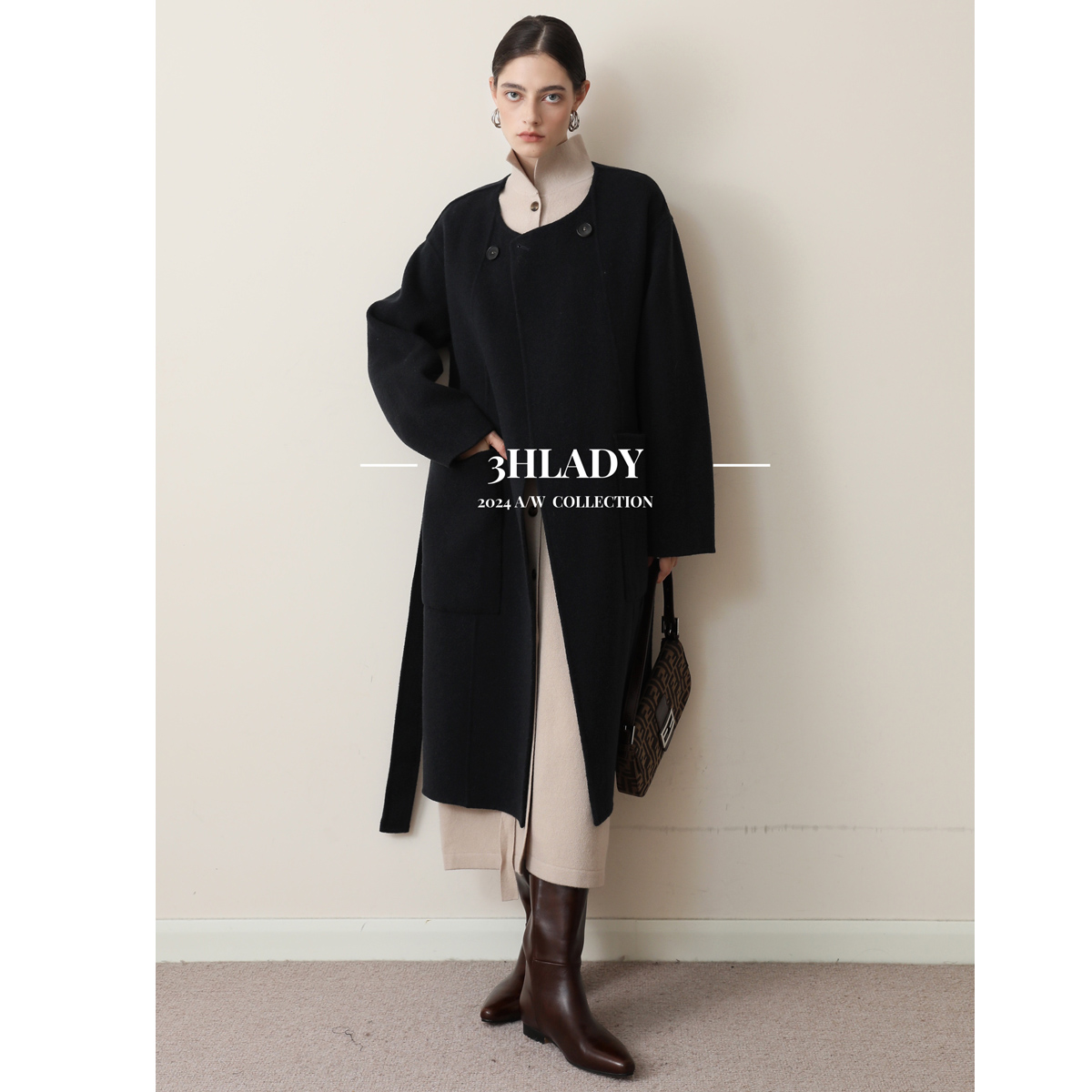 3HLADY 摩登都市 JI简  强缩 羊毛双 排扣圆领 双面呢中长 大衣