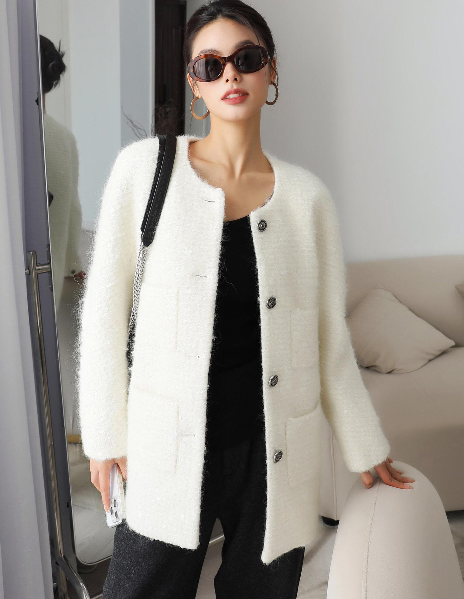 3HLADY| 时髦中古风| 夹闪进口羊驼毛小香风长款圈绒羊毛外套,女装/女士精品,毛呢外套,淘宝优惠券,粉丝福利购,淘宝优惠卷