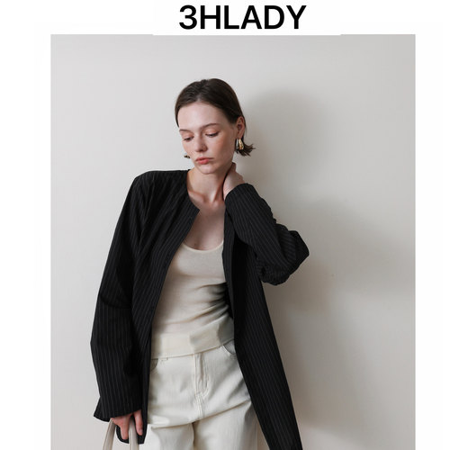 3HLADY | 侘寂 日式风格 经典撞色竖纹宽松圆领开襟 棉质衬衣