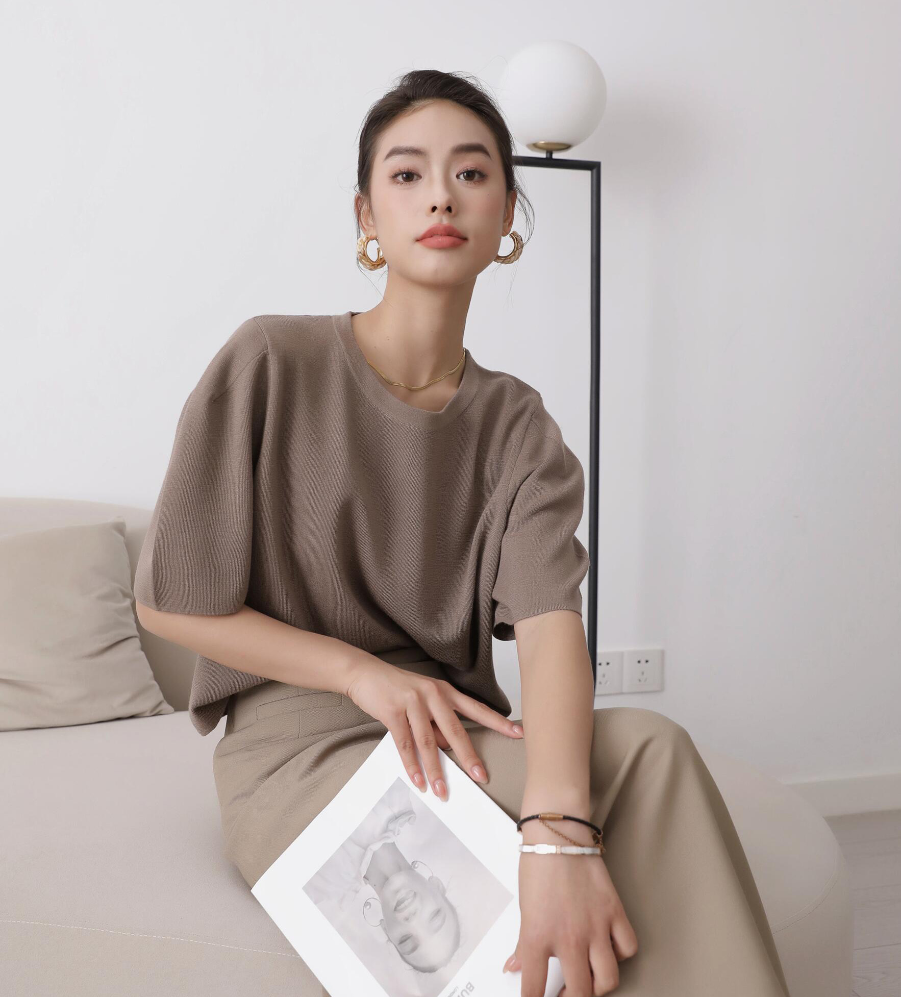 解构袖美丽诺羊毛针织衫圆领套头