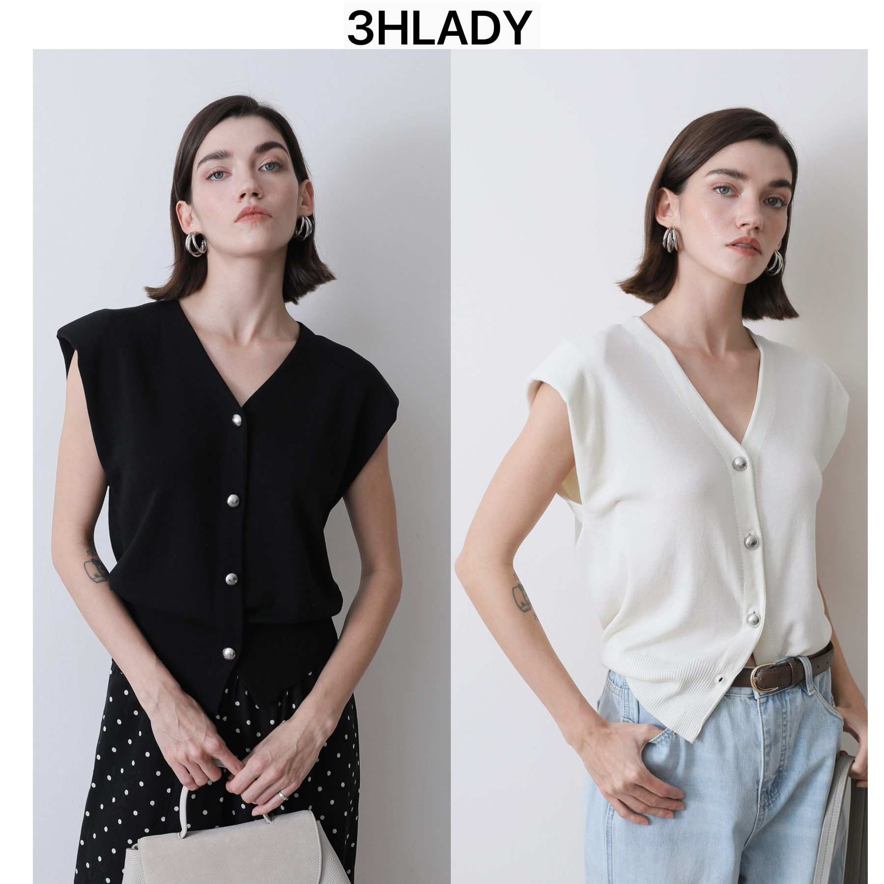 3HLADY | 优雅复古 含垫肩设计 含莱赛尔纤维桑蚕丝针织开襟上衣