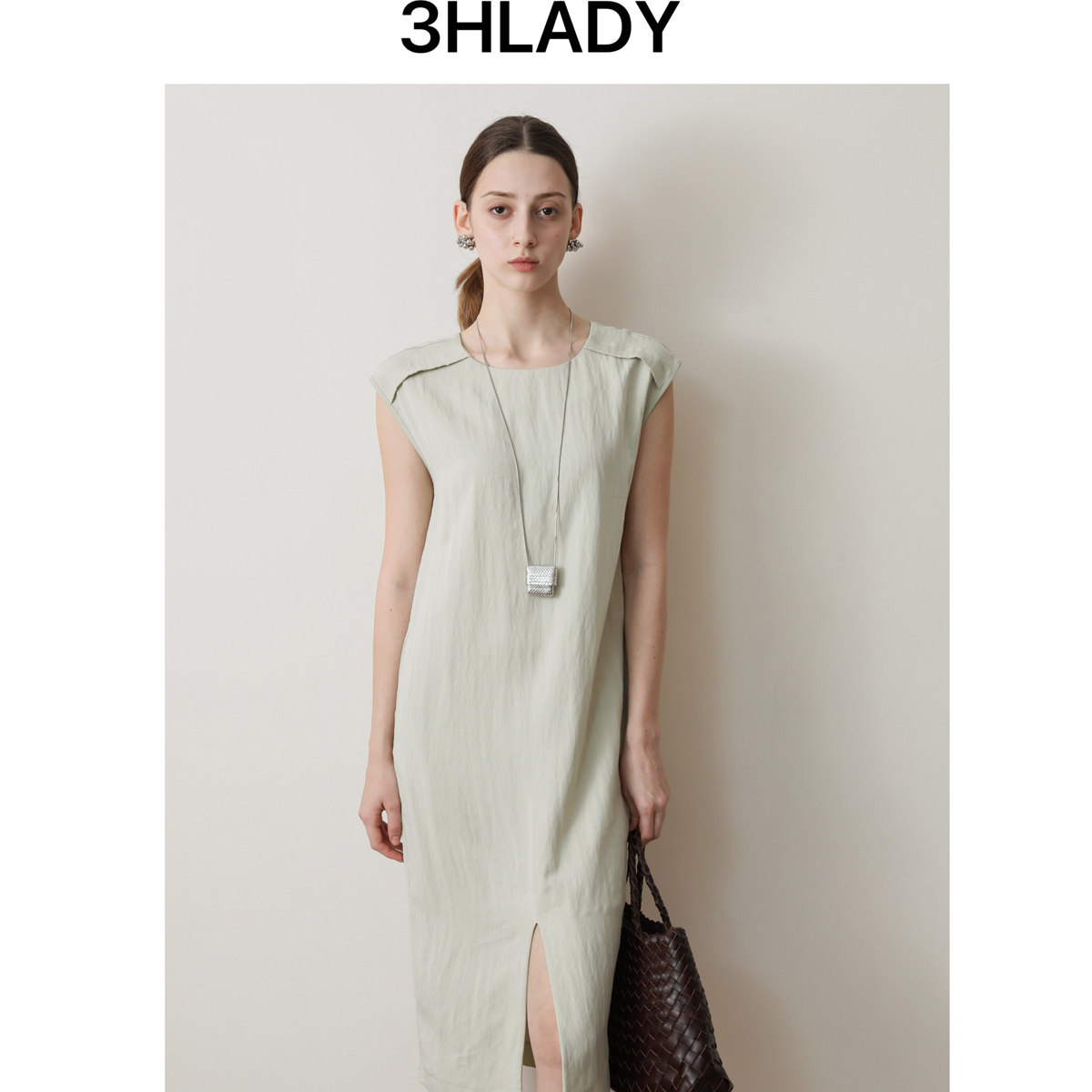 3HLADY |夏日静奢 青柠绿调 小众设计前开叉莱赛尔纤维亚麻连衣裙