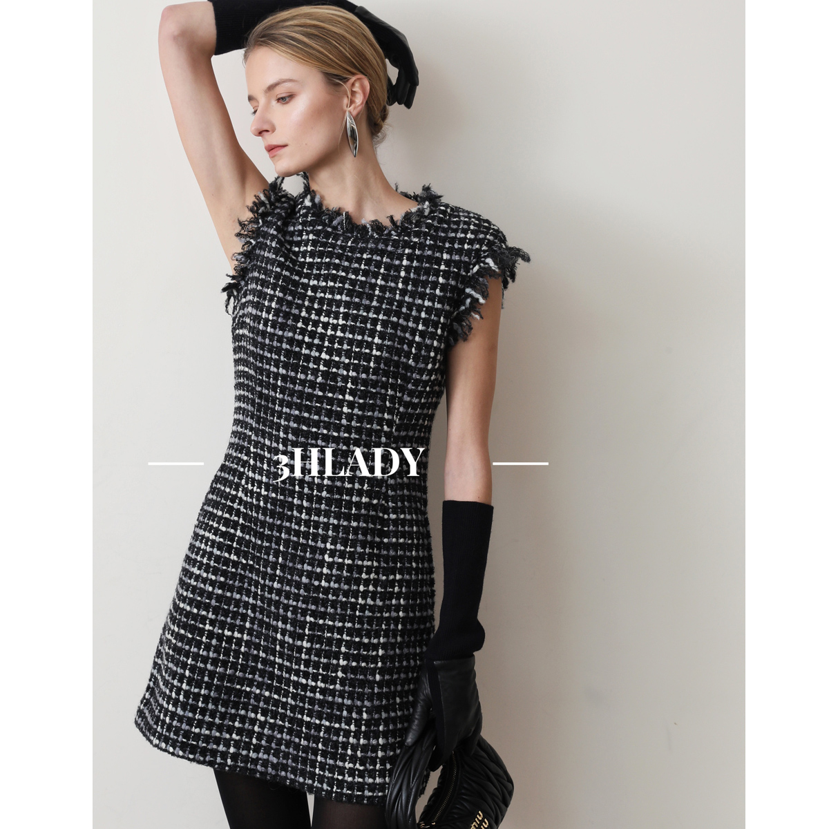 3HLADY 漫步南法 精致羊毛夹花感粗花呢 小香风一分袖背心裙