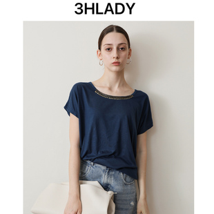 饰 3HLADY 钉金属珠片装 流线小宽松 定制面料TEET恤 VTG古巴风
