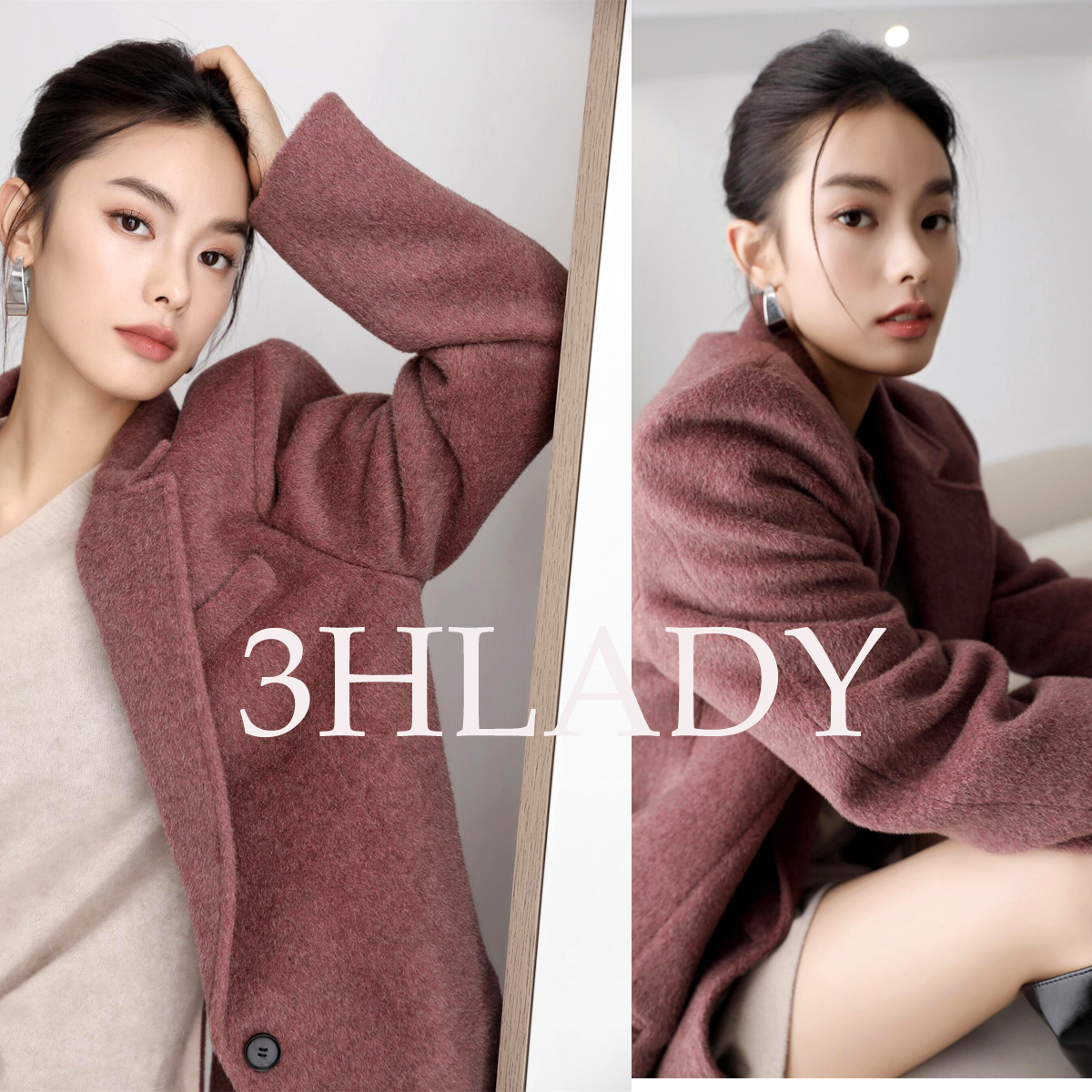 3HLADY 进口面料含羊驼毛时髦意式廓形烟熏豆沙VTG羊毛外套大衣