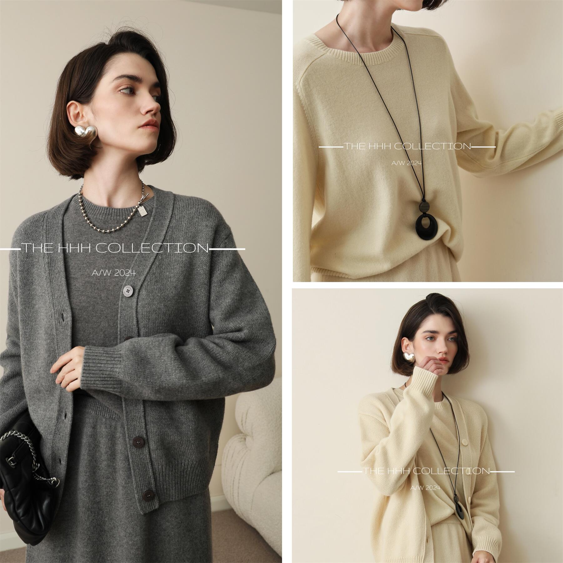 3HLADY复古90S海报 澳洲90支毛条羊毛圆领套头衫/半身裙/中长开衫