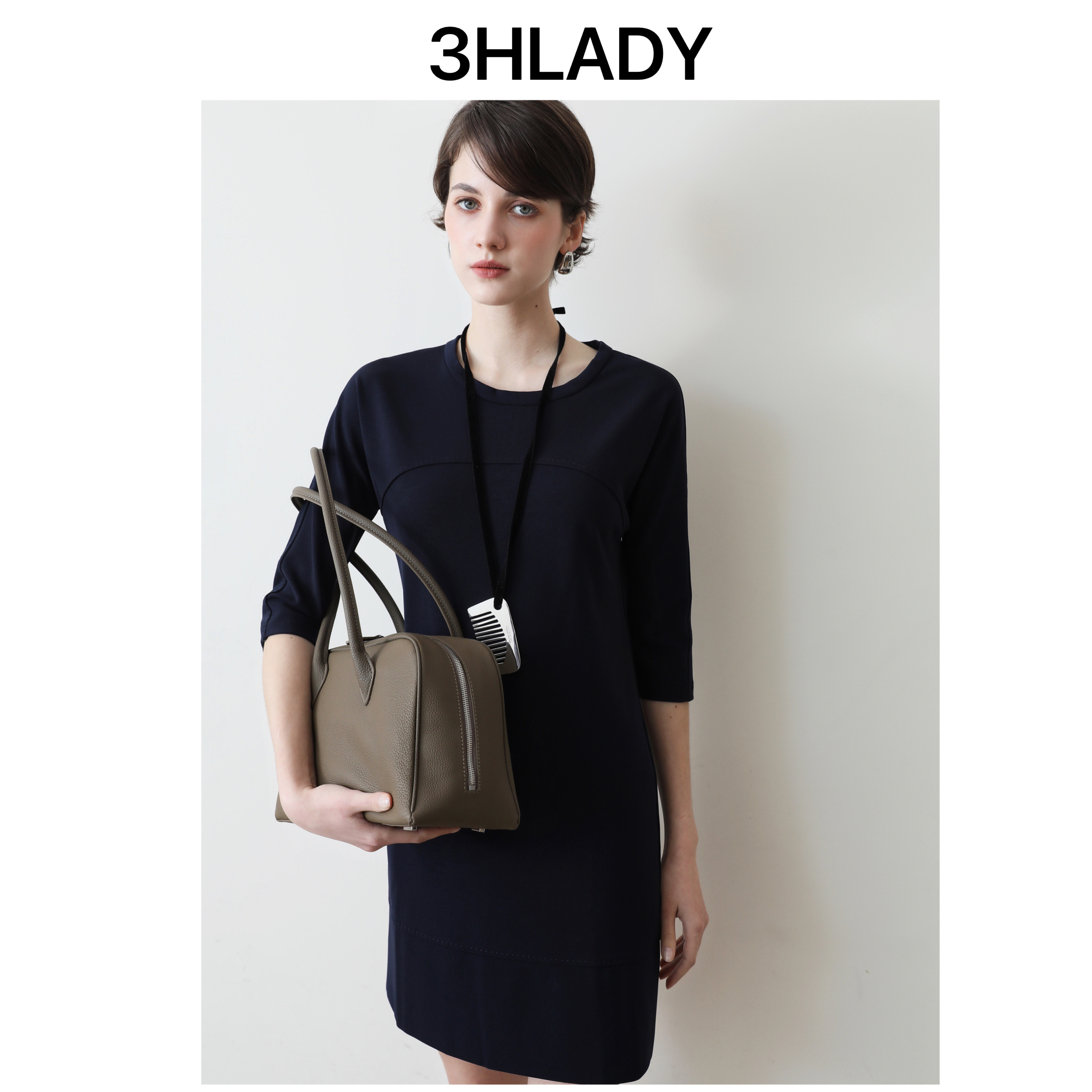 3HLADY 极简多刀剪裁 连肩袖CO*风半袖 藏青色连衣裙