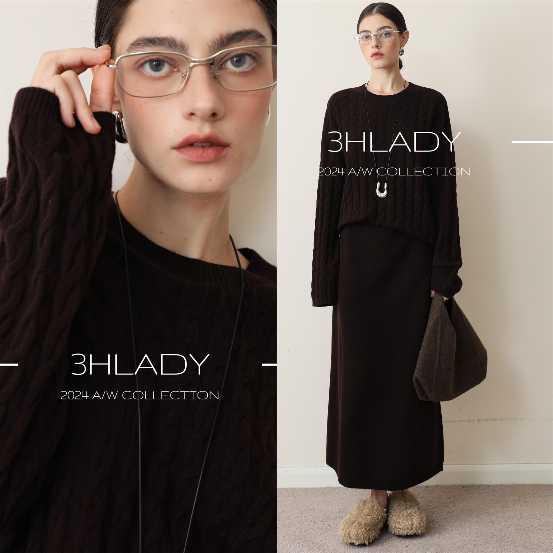 3HLADY 缱绻松弛温暖 复古咖绞花宽松毛衣/ 松紧腰过膝羊毛半身裙