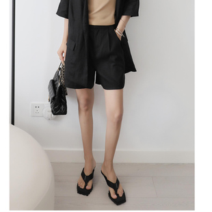 3HLADY 无拘束轻松 舒适进口日本亚麻休闲小高腰打褶短裤