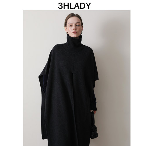 3HLADY | 黑色酷感设计叠穿风格 绵羊毛自由高领针织斗篷外套