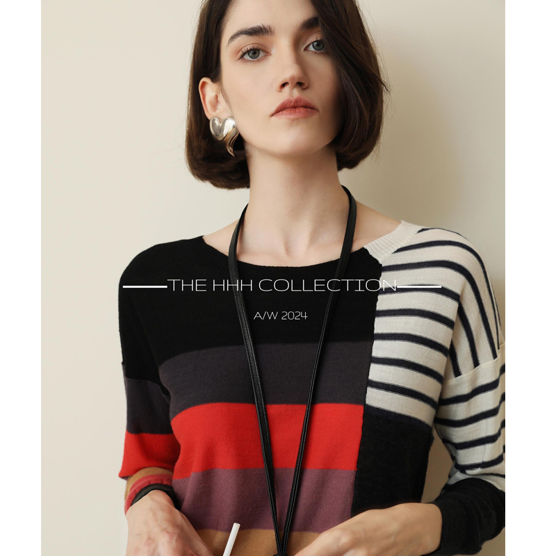 3HLADY 都市几何 法单纯元撞色宽条小蝙蝠袖超细羊毛针织衫