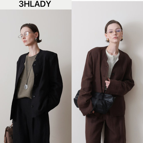 3HLADY老钱风秋季新款亚麻拿破仑风格排扣廓形西装外套| 阔腿裤