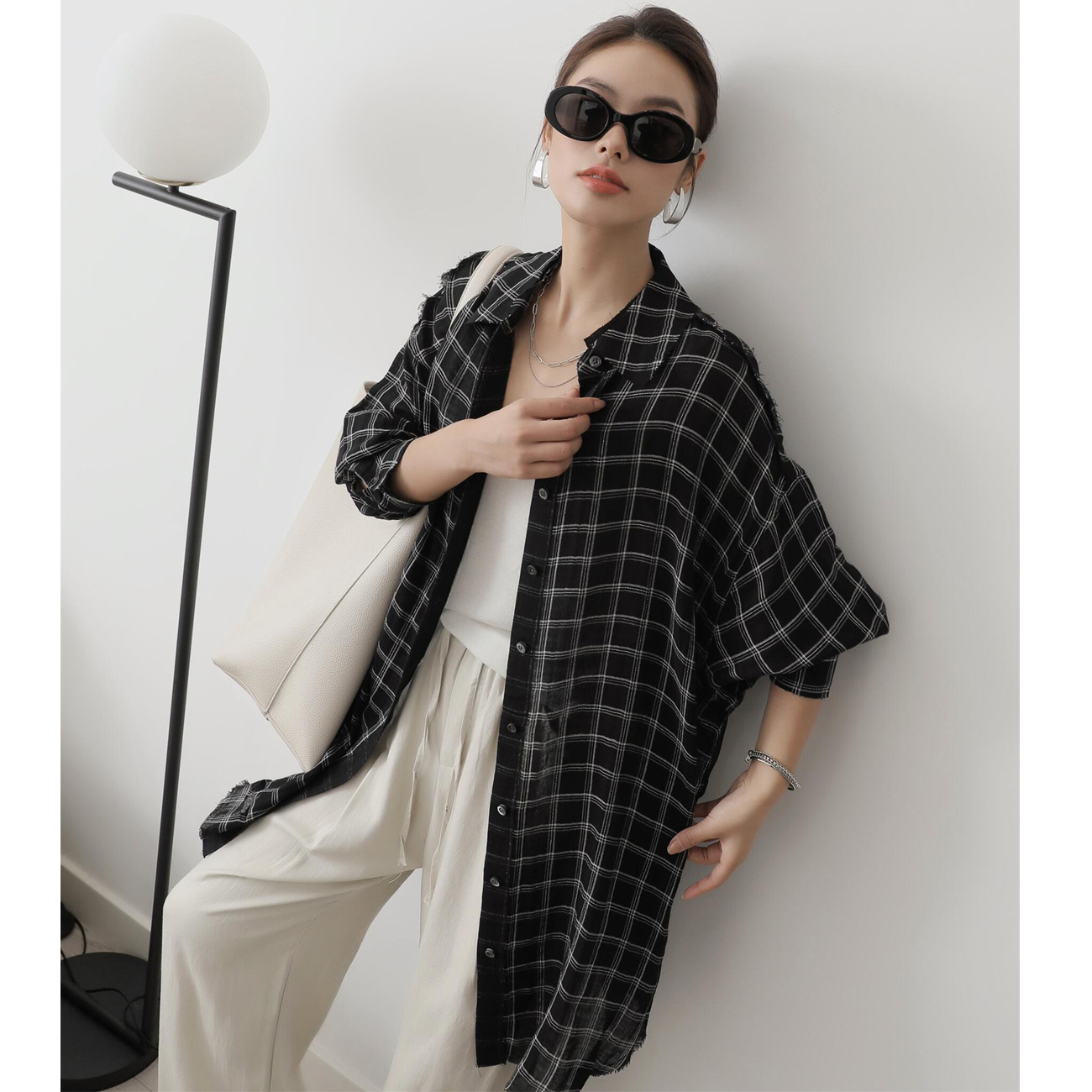 格纹长款衬衣老钱风23早秋