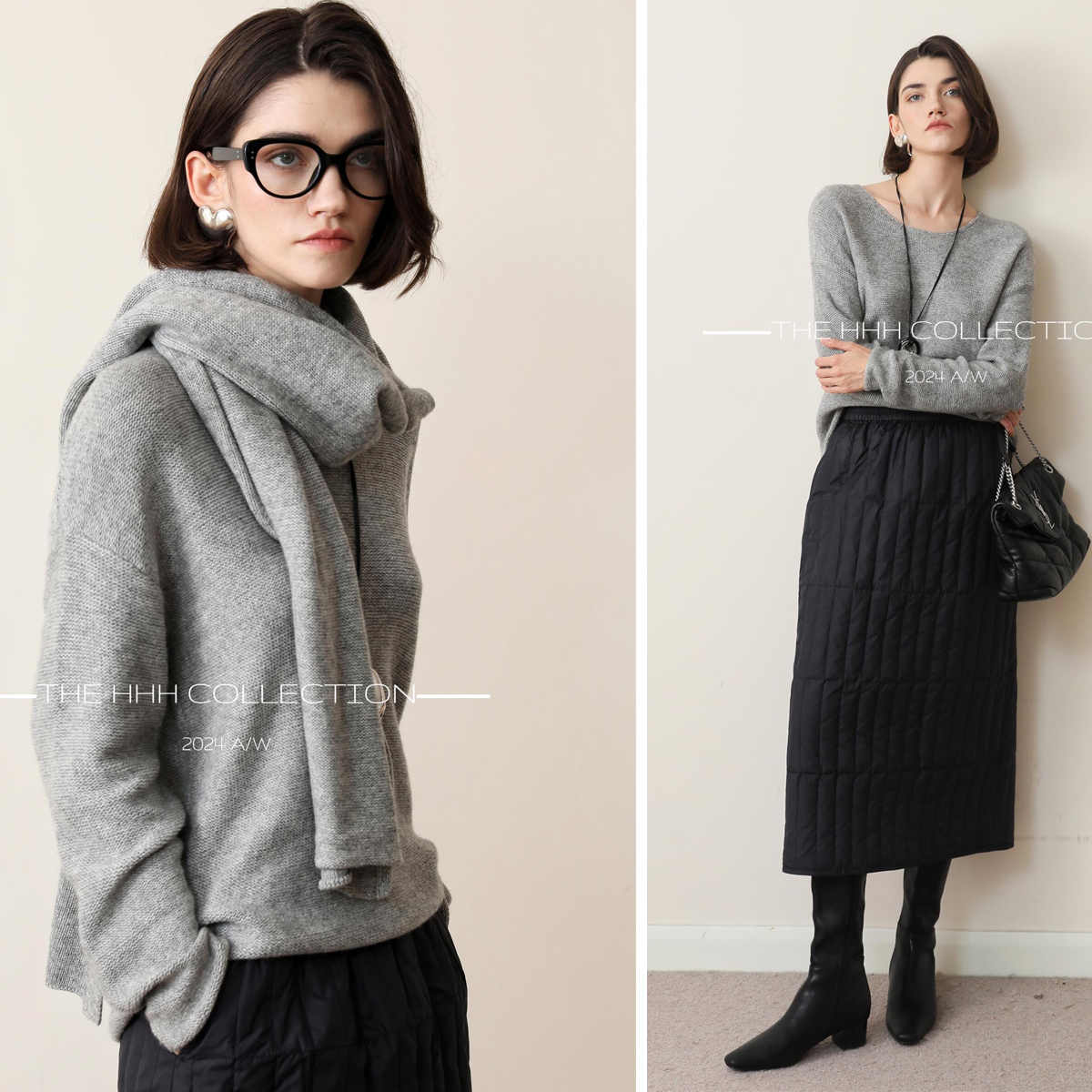 3HLADY 澳洲90支羊毛反针正织工艺 圆领宽松风格毛衣配长围巾