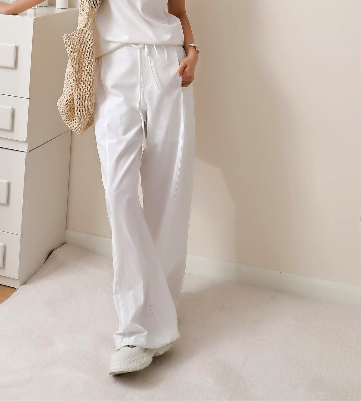 3HLADY| 可两穿裤口 含天丝亚麻 编织结饰腰带 白色阔腿裤长裤