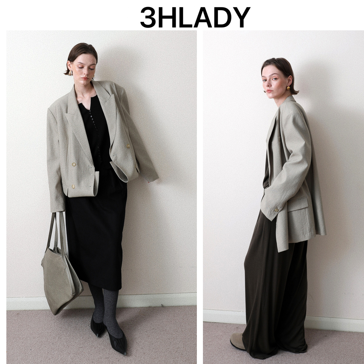 3HLADY| 25早秋时髦 微褶肌理 复古灰绿色 可两穿法廓形西装外套