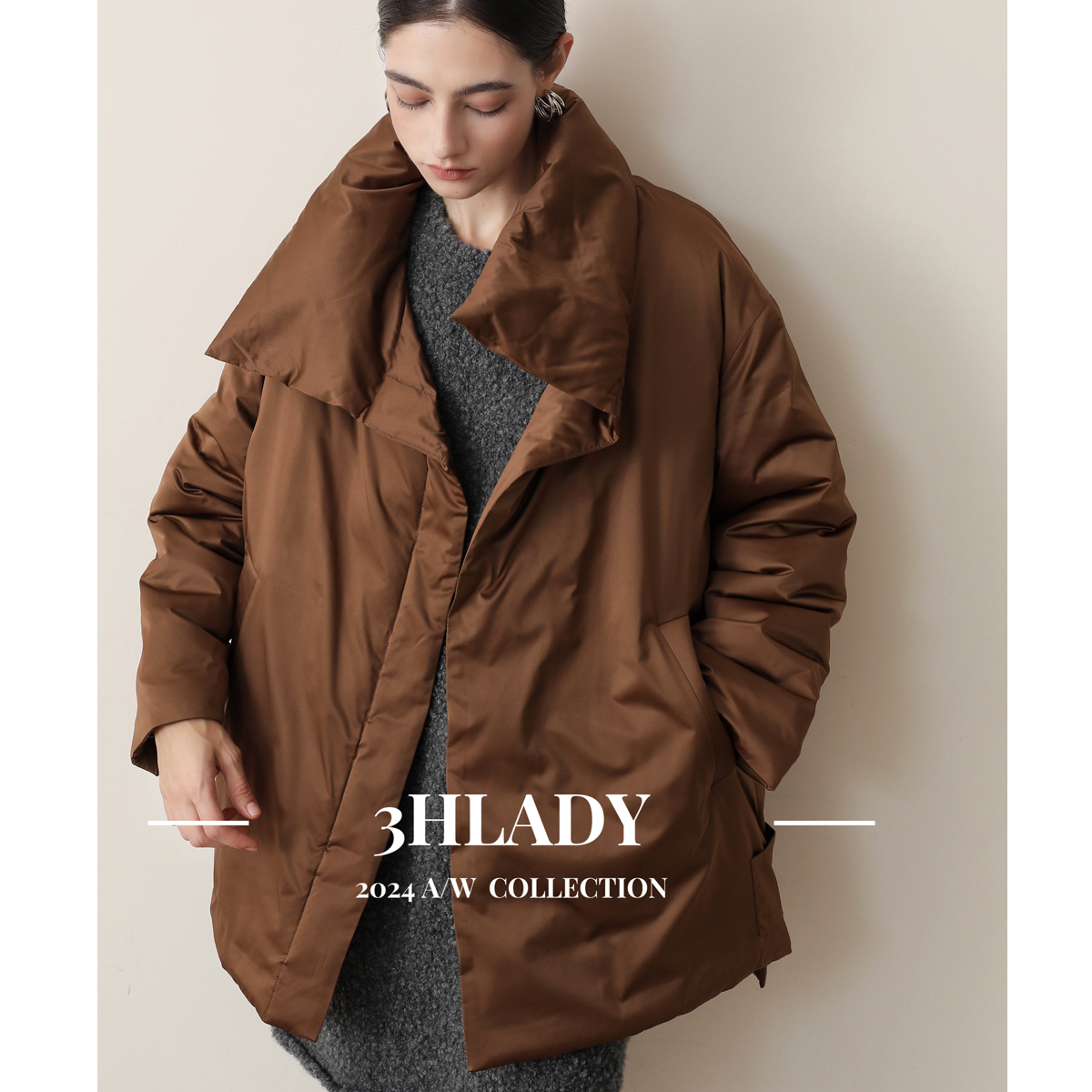 3HLADY 给足温暖感表层桑蚕丝 柔滑光感90鹅绒吸扣设计中长羽绒服