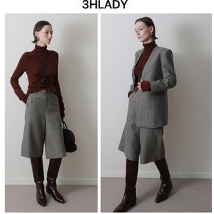 3HLADY | 英伦风 浅咖色人字纹精纺羊毛百慕大羊毛A型中裤六分裤