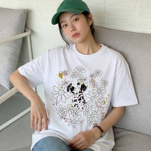 斑点狗笑脸花纯棉印花短袖T恤