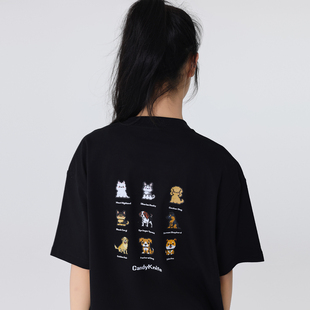 街头宽松潮牌ins圆领百搭休闲 美式 针织像素小狗印花短袖 情侣装