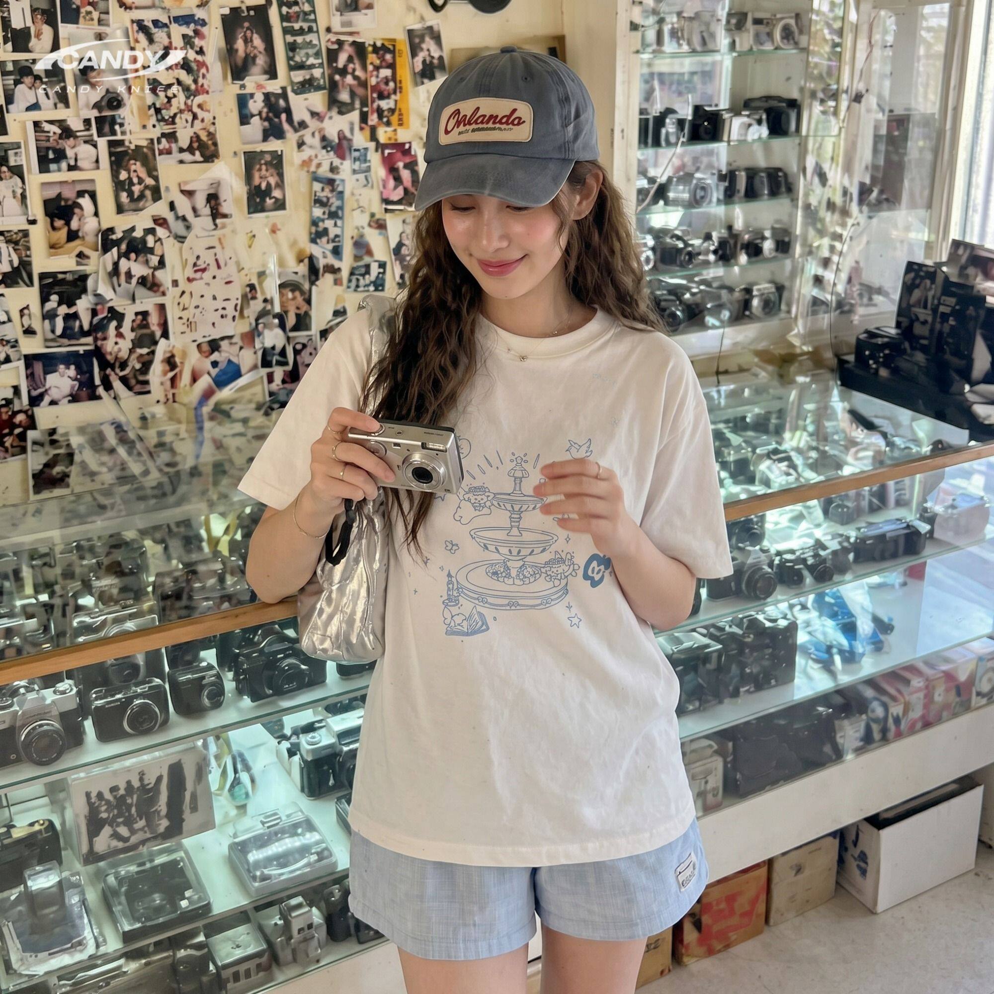 CANDY KNIFE韩版清新风许愿池线稿夏季T恤女纯棉休闲减龄短袖上衣