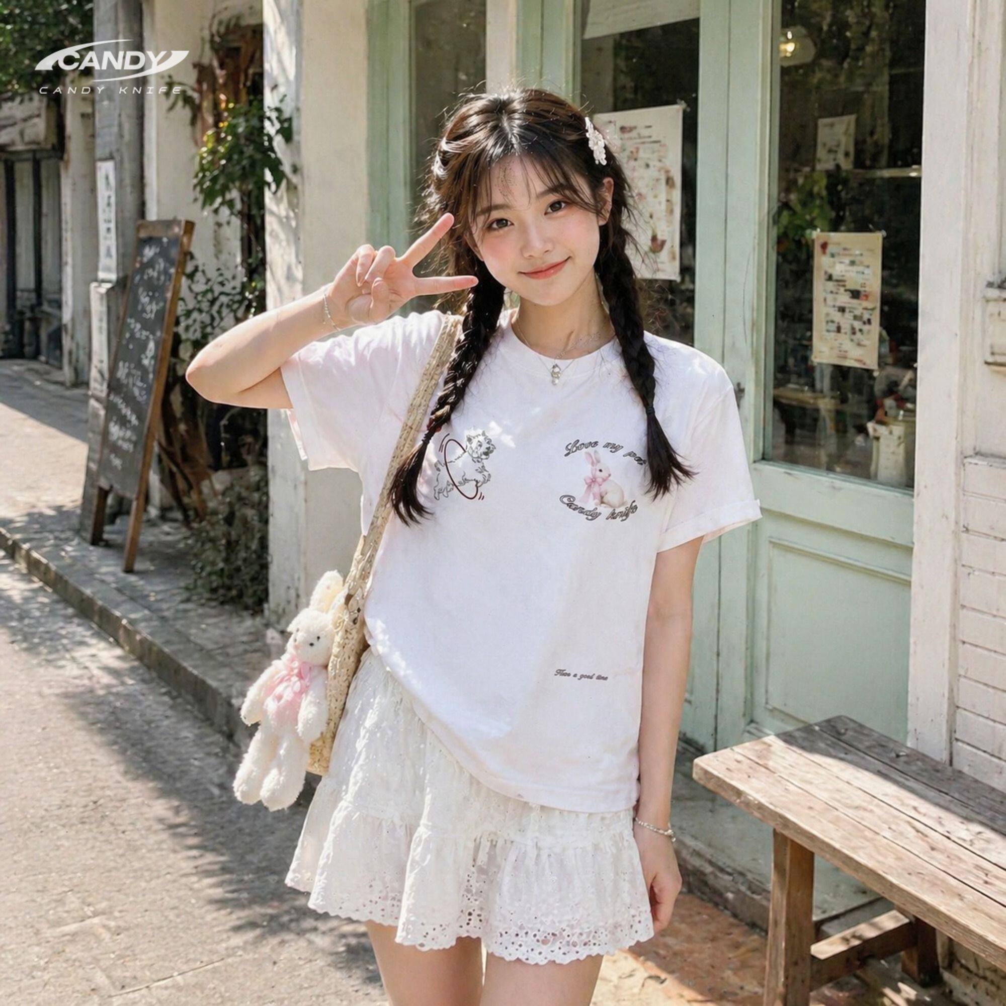 CANDY KNIFE可爱兔子小狗亲肤透气印花纯棉短袖T恤女校园休闲元气