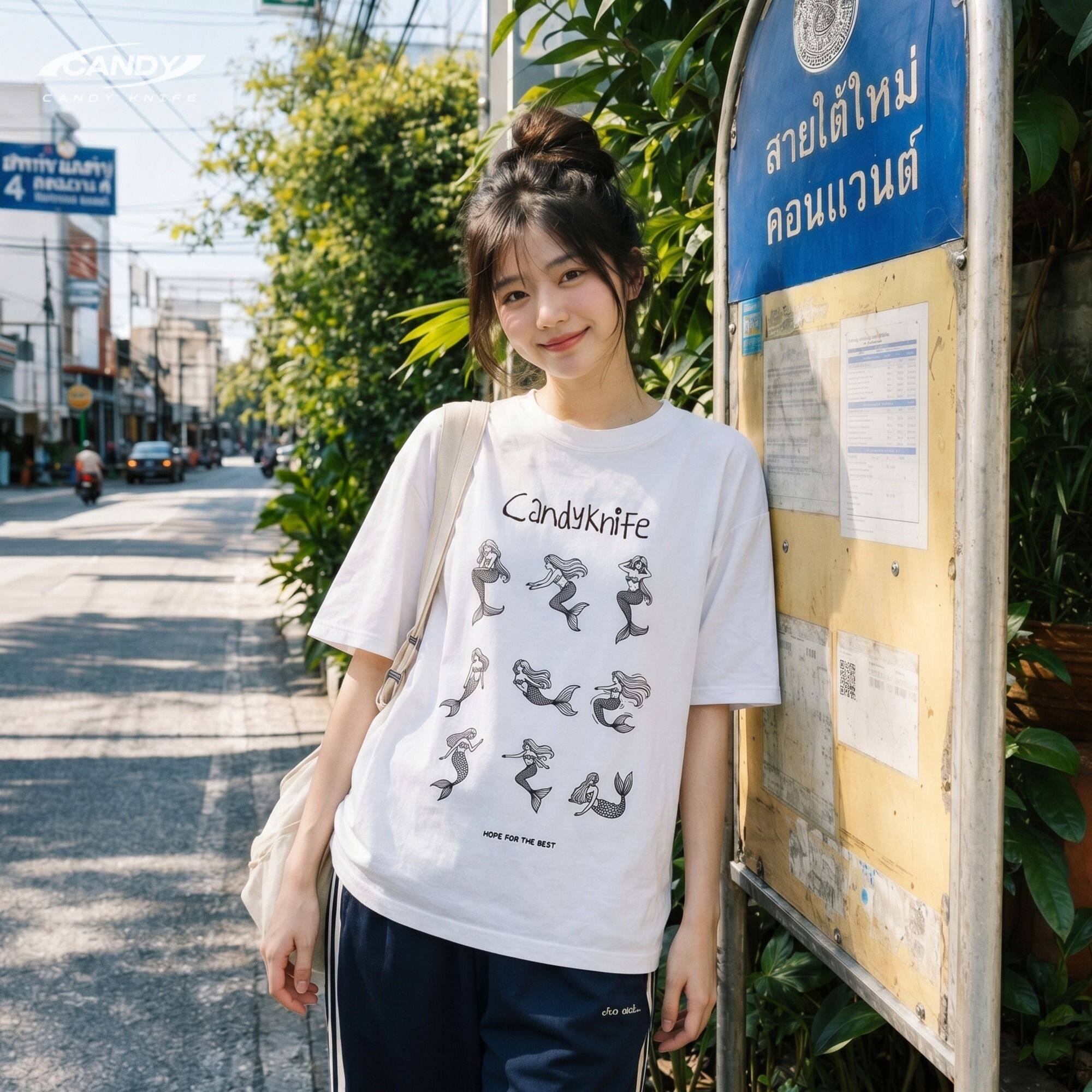 CANDY KNIFE夏日系复古可爱美人鱼线稿纯棉T恤女ins休闲短袖上衣