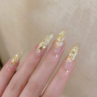 纯手工穿戴甲2025秋冬新款 香槟金氛围紫亮片猫眼渐变高级成品美甲