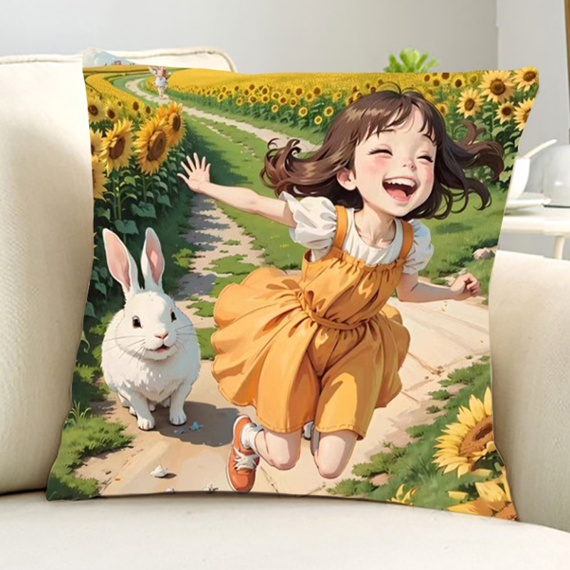十字绣抱枕满绣向日葵兔子女孩风景手工线绣沙发靠枕精准印花刺绣
