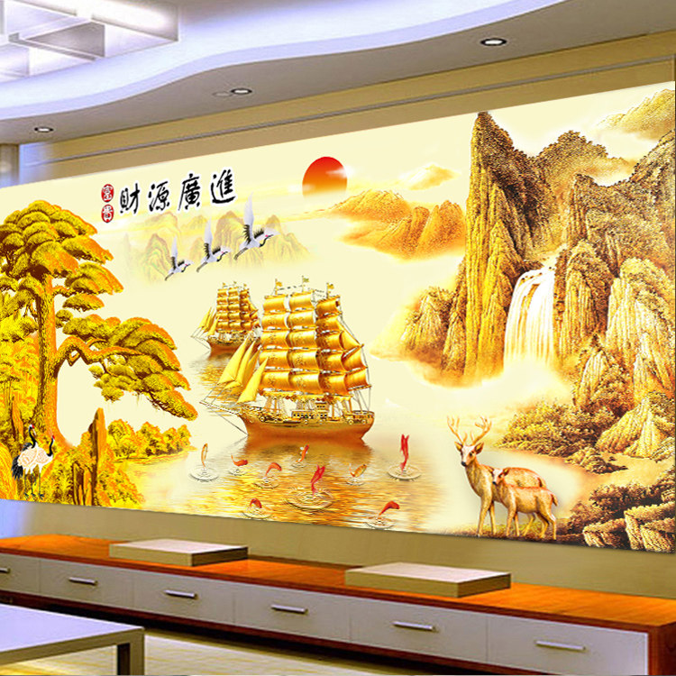 财源广进钻石画满钻客厅大幅迎客松风景钻石绣点钻十字绣2022新款