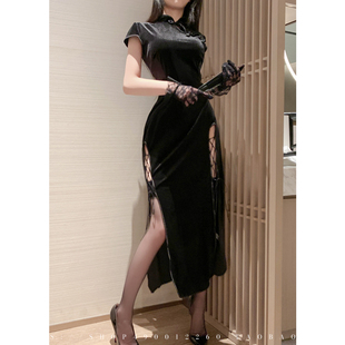 复古新中式改良收腰丝绒旗袍开叉性感气质修身连衣裙黑色气质长裙