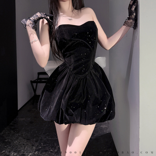 纯欲千金风丝绒抹胸连衣裙女高级感轻奢蝴蝶结蓬蓬裙子生日小礼服