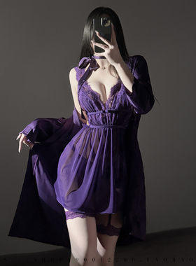 纯欲紫色性感睡衣女纯欲诱惑蕾丝网纱透视露背吊带睡裙高级感睡袍
