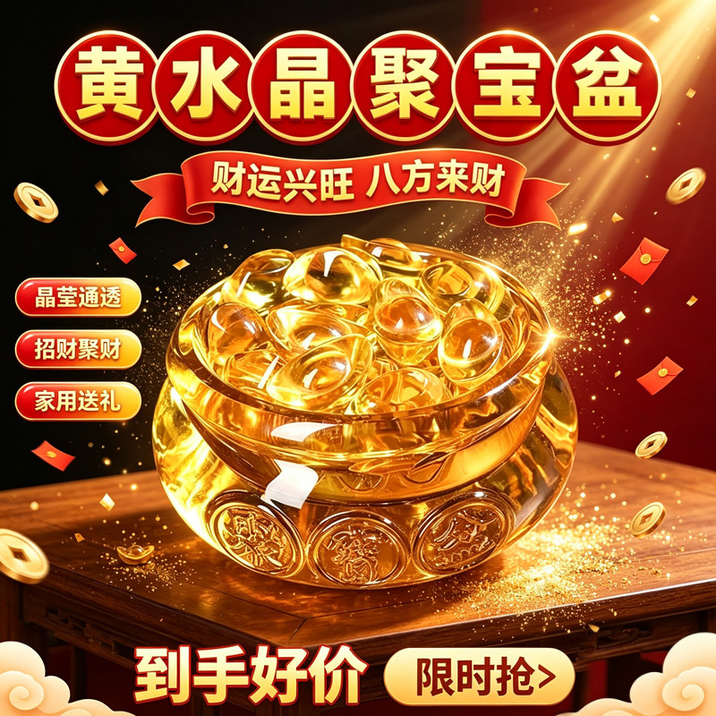 黄水晶聚宝盆琉璃元宝摆件