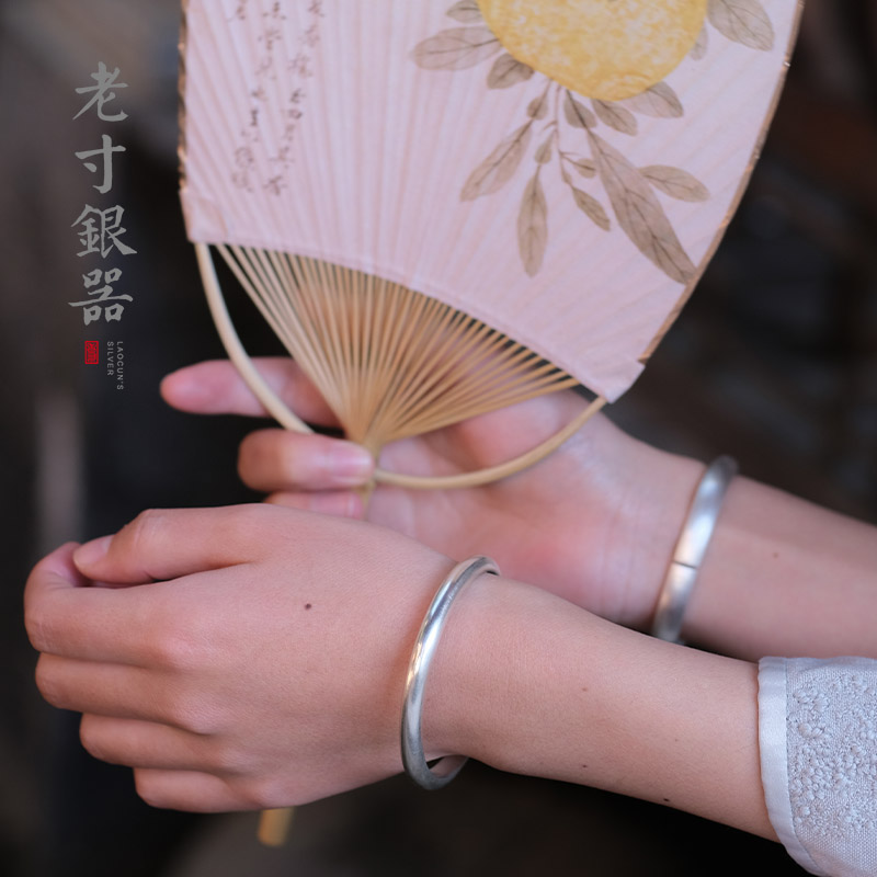 马蹄银手镯祥云莲花纯银手镯女年轻款足银999银镯子刻字开口实心