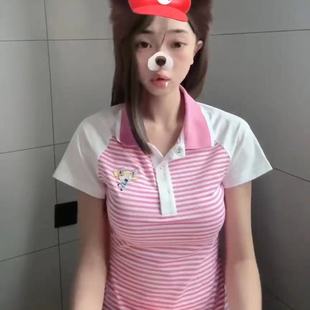 2025夏季 T恤女显瘦上衣ins 美式 复古设计感撞色条纹POLO领刺绣短袖