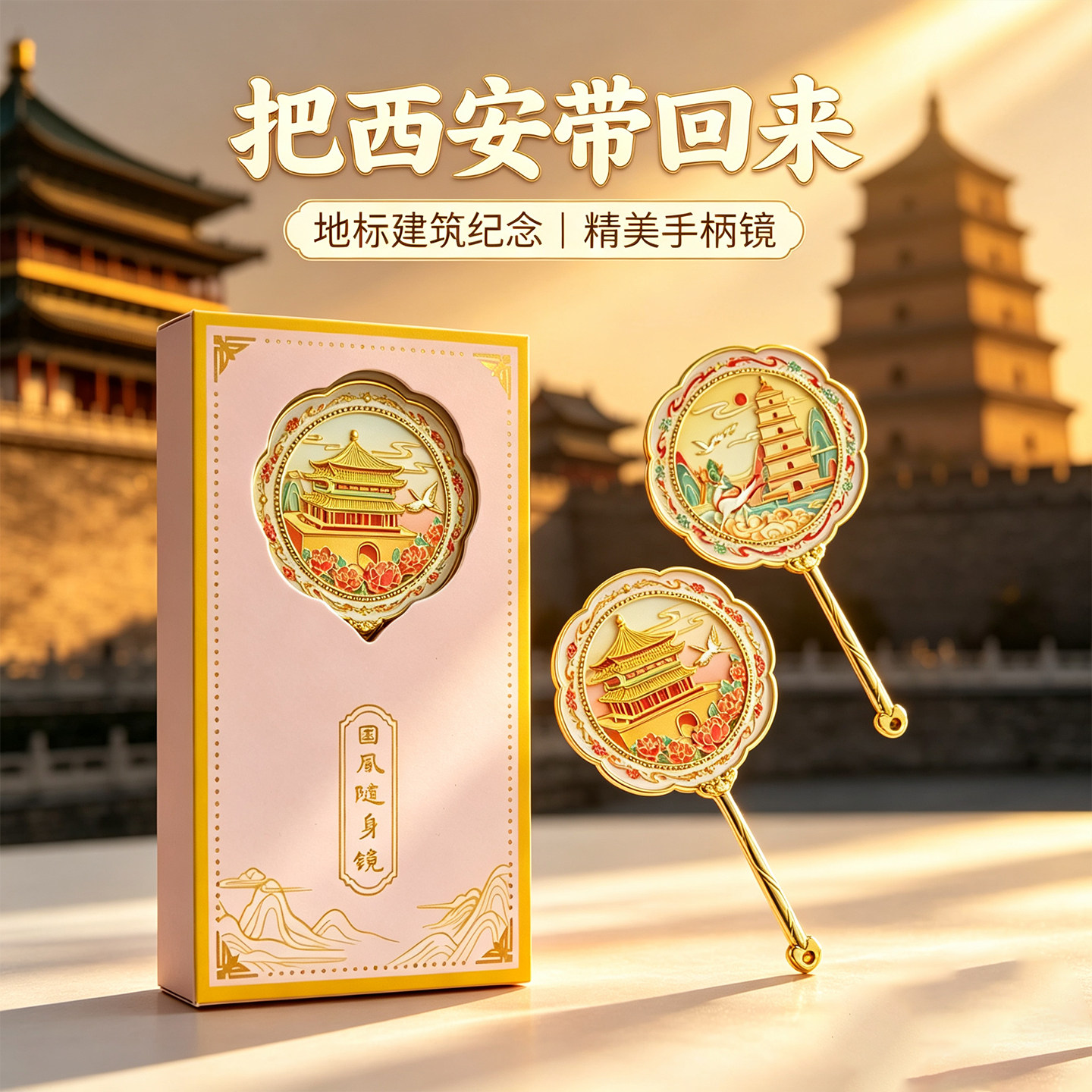 西安文创地标纪念镜精美手柄镜旅游纪念品教师节送朋友特色礼品