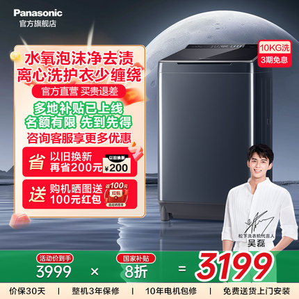 [政府补贴20%]松下10kg波轮洗衣机全自动家用不弯腰变频1U2R 88