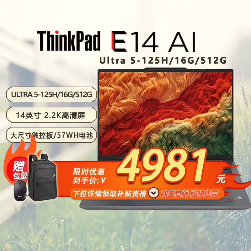 「限时补贴+特惠+ 包鼠」联想ThinkPad E14 Gen6 2024超值14寸办公笔记本Ultra 5-125H-16G-512G-21M7A002CD
