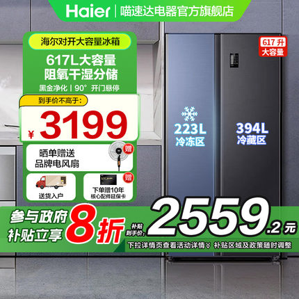 【政府补贴20%】海尔冰箱双开门617升双变频干湿分储风冷大容量99