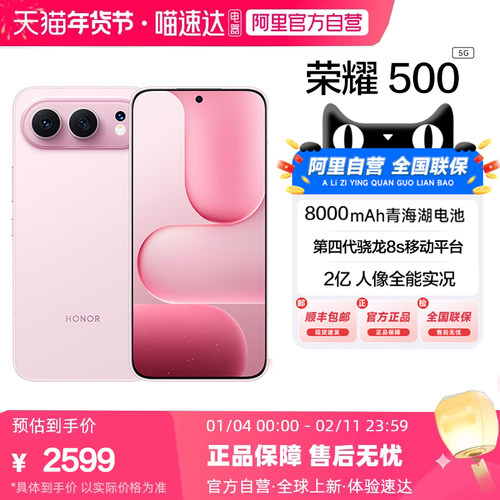 【政府补贴|阿里官方自营】HONOR/荣耀 新品500手机焕新版 8000mAh青海湖电池旗舰店新款官网正品2亿人像-200