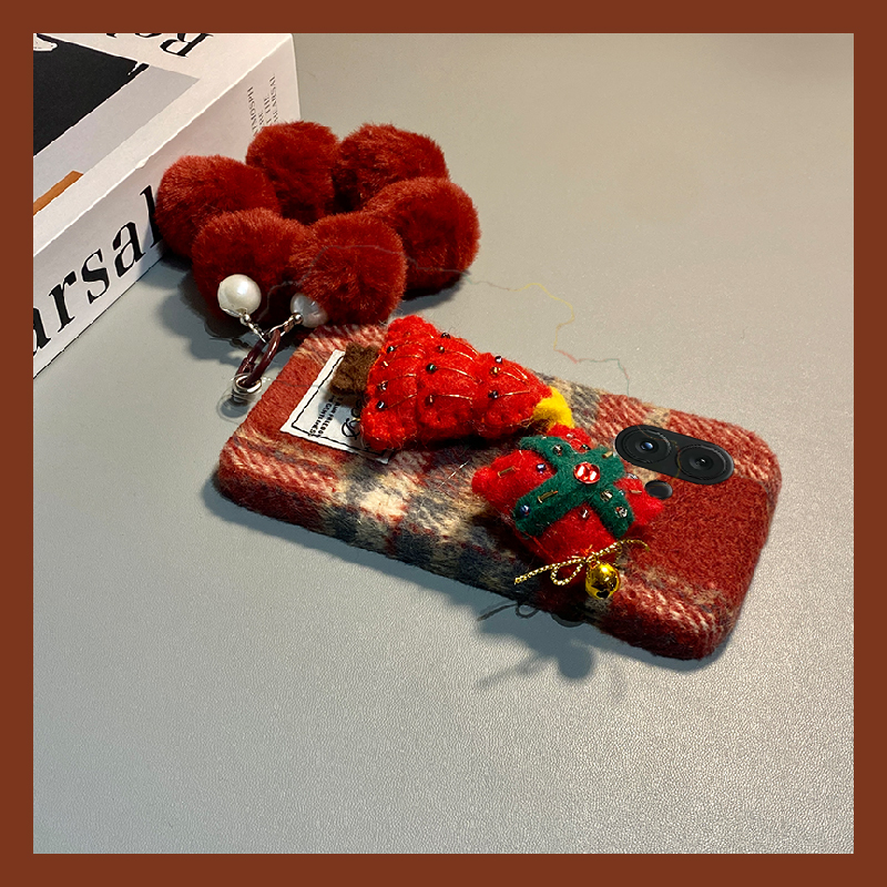 手机壳秋冬绒布红色格子圣诞树带毛绒手链
